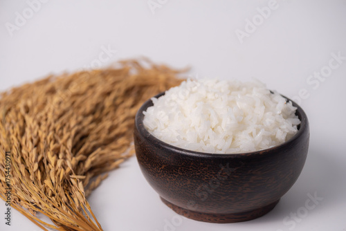 White rice in wooden bowl on white background, Rice from asia, Rice food of asian style