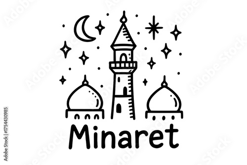 Moonlit Minaret Doodle. Doodle moonlit minaret with stars, domes, and sparkles, center word “Minaret” in black and white isolated