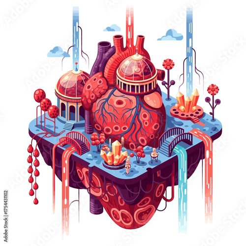 Explore a surreal anatomical landscape with heart architecture, crystal formations, and vibrant, dreamlike beauty for medical illustration or concept art
