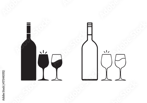 Wine bottle with wine glass outline icon, Minimal line design isolated on white background. Vector illustration