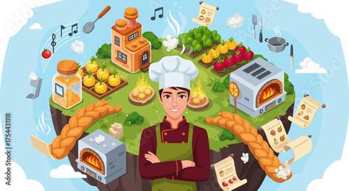 Charming chef on floating island paradise with farm, bakery, and culinary delights, perfect for food blogs, cookbooks, and creative recipe promotions