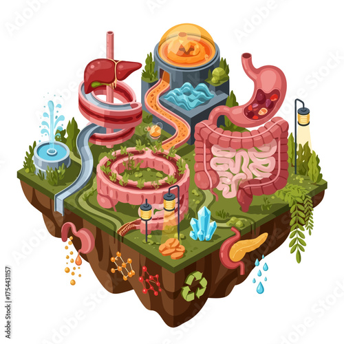 Explore the human digestive system in a vibrant isometric view, a captivating visual for educational resources, healthcare campaigns, and medical illustrations