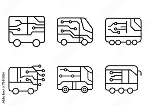 Different variations of futuristic electronic vehicle icons with digital circuits