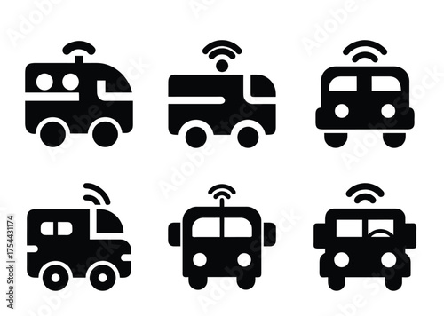 Set of Autonomous Shuttle Icons Showing Different Vehicle Designs and Connectivity