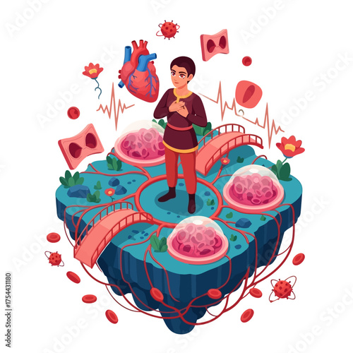 Understanding cardiovascular health showing a boy standing on a platform surrounded by heart components, blood cells and heartbeats for science education
