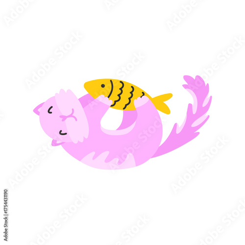 Vector illustration of a cute cat playing with a fish, perfect for stickers, clip art, and childrens drawings