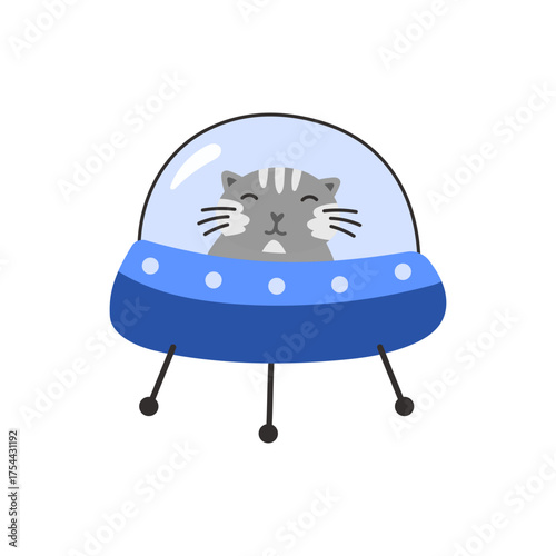 Vector illustration of a playful kitten in a UFO spaceship. Ideal for stickers, clipart, and kids card