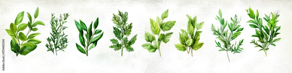 Fototapeta premium Fresh culinary herb collection on white background for kitchen decor and nature enthusiasts