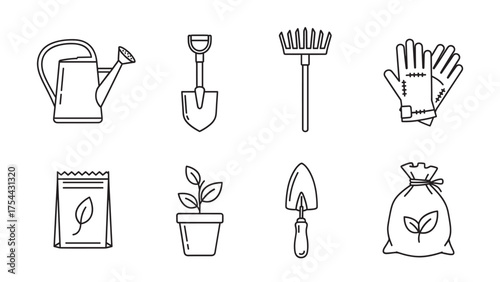 Outline icons of gardening tools including a watering can, shovel, rake, gloves, seed packet, potted plant, trowel, and sack.