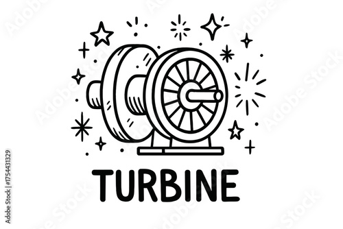 Doodle Turbine Sparkles. Doodle steam turbine with stars, sparks, and sparkles, center word “Turbine” in black and white isolated