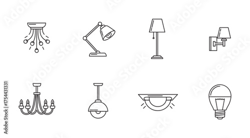 Black outline vector icons of various lighting fixtures, including a chandelier, desk lamp, floor lamp, wall sconce, ceiling lamp, recessed light, and light bulb.