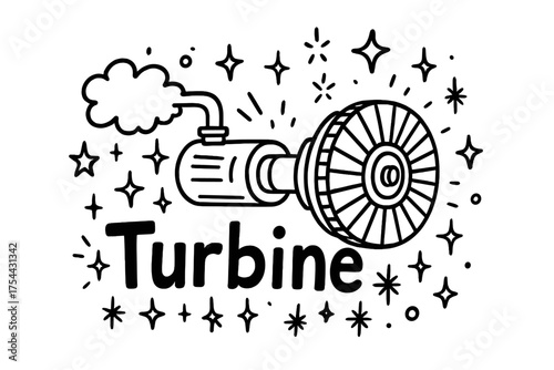 Doodle Turbine Sparkles. Doodle steam turbine with stars, sparks, and sparkles, center word “Turbine” in black and white isolated