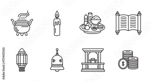 Black outline icons set illustrating various religious and ceremonial items including a cauldron, candle, fruits, scroll, lantern, bell, altar, and stacked coins.