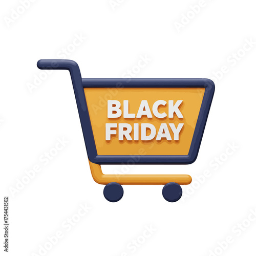 Black Friday sale promotion with 3D shopping cart icon.
