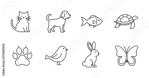 Collection of eight black outline icons depicting animals, including a cat, dog, fish, turtle, paw print, bird, rabbit, and butterfly.