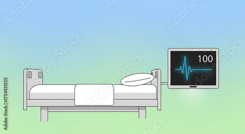 Empty hospital bed with digital monitor displaying heartbeat, empty hospital bed with patient absence and monitoring device. Vital signs, including heart rate,