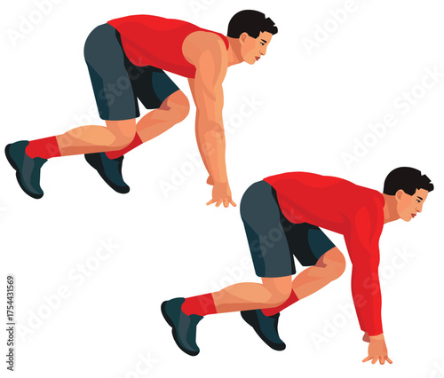 Asian sprinter in the crouch start position is waiting for the signal to start the race, two figures in red seasonal sports uniforms