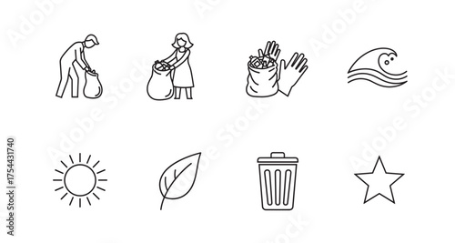 Black outline icons depicting people collecting trash, a bag of waste, gloves, a recycling symbol, a sun, leaf, trash can, and star, symbolizing eco-friendly practices.
