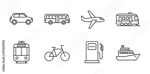 Black outline icons of various transportation vehicles, including a car, bus, airplane, train, tram, bicycle, gas pump, and ship, arranged in a grid layout.
