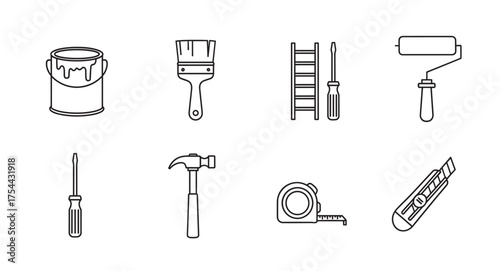 Simple black outline icons of basic diy tools including a paint bucket, brush, ladder, and various hand tools, ideal for home improvement concepts.