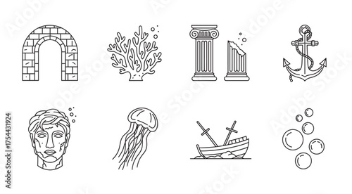 Black outline vector icons of a stone archway, coral branch, broken column, anchor, face sculpture, jellyfish, sunken ship, and bubbles arranged in two rows.