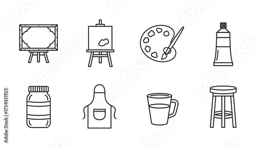 Black outline icons of art supplies including easels, paint palette, paint tube, jar, apron, mug, and stool.
