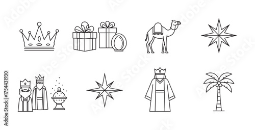 Black outline icons of nativity symbols including a crown, gifts, camel, star, three wise men, robe, and palm tree.