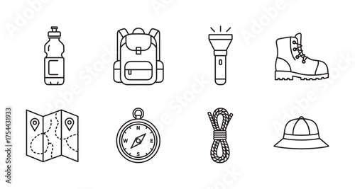 Eight black outline icons representing essential camping gear, including a water bottle, backpack, flashlight, boot, map, compass, rope, and hat.