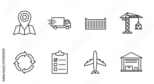 Illustration of logistics icons featuring a location marker, delivery truck, shipping container, construction crane, recycling symbol, checklist, airplane, and warehouse.