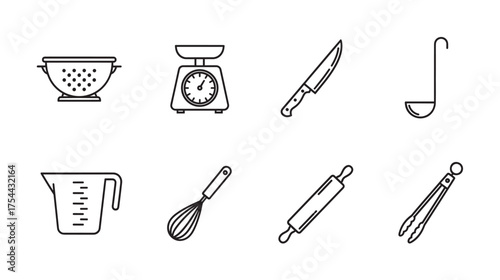 Black outline icons of kitchen utensils including a colander, kitchen scale, knife, ladle, measuring cup, whisk, rolling pin, and tongs.