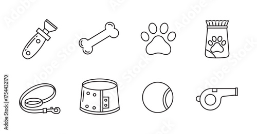 Black outline icons representing a dog grooming tool, bone, paw print, pet food, leash, collar, ball, and whistle, highlighting pet care essentials.