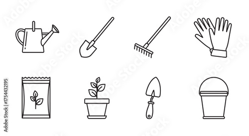 Black outline icons of gardening tools including a watering can, shovel, rake, gloves, soil bag, potted plant, trowel, and compost bin.
