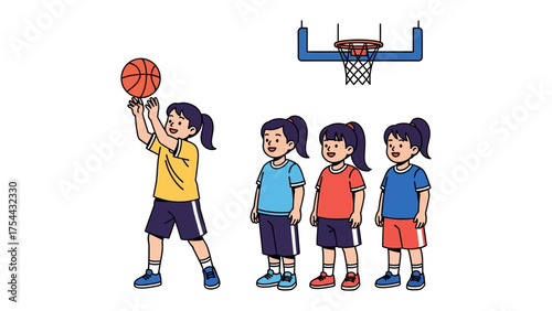 Kids Basketball Game: A group of girls engage in a spirited game of basketball, showcasing teamwork, focus, and the joy of sportsmanship. capturing the essence of friendly competition.