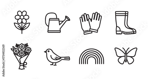 Eight black outline icons featuring a flower, watering can, gloves, rubber boot, bouquet, bird, rainbow, and butterfly, representing gardening and nature.