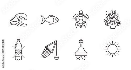 Set of eight black outline icons depicting ocean wave, fish, sea turtle, coral, no plastic bottle, fishing net, paintbrush, and sun.