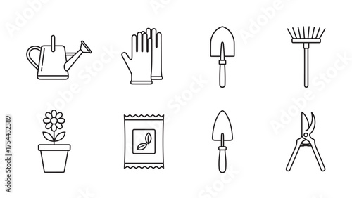 Black outline icons of gardening tools and supplies, including watering can, gloves, trowel, rake, flower pot, seed packet, and pruning shears.