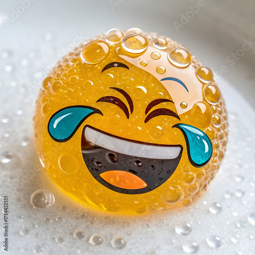 laughing emoji with tears close up macro shot lifelike texture