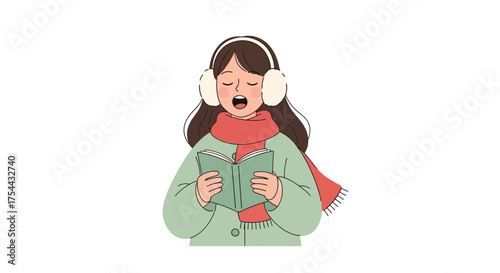 Illustration of a woman singing from a book in winter clothing.