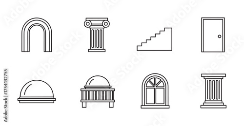 Black outline vector icons representing various architectural elements, including arches, columns, stairs, dome, window, and door.