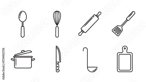 Black outline vector icons of various kitchen utensils including a spoon, whisk, rolling pin, spatula, pot, knife, ladle, and cutting board.