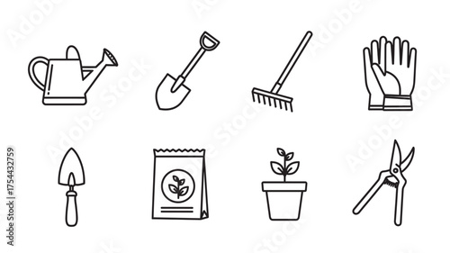 Vector-style black outline icons of gardening tools including a watering can, shovel, rake, gloves, trowel, seed packet, potted plant, and pruning shears.