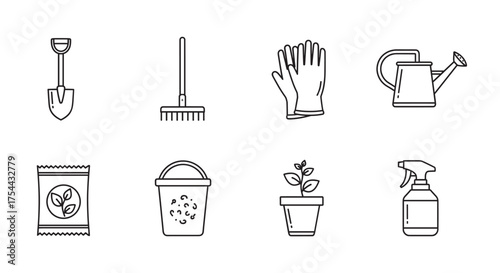 Black outline vector icons of gardening tools including a shovel, rake, gloves, watering can, seed packet, soil bucket, potted plant, and spray bottle.