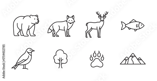 Black outline vector icons representing a bear, fox, deer, fish, bird, tree, paw print, and mountains for nature and wildlife concepts.
