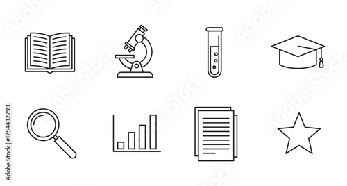 Black outline icons of an open book, microscope, test tube, graduation cap, magnifying glass, bar graph, stack of papers, and star. perfect for educational concepts.