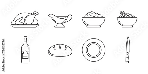 Black outline vector icons of traditional thanksgiving dinner items including roasted turkey, gravy boat, mashed potatoes, cranberry sauce, wine bottle, bread, plate, and knife.