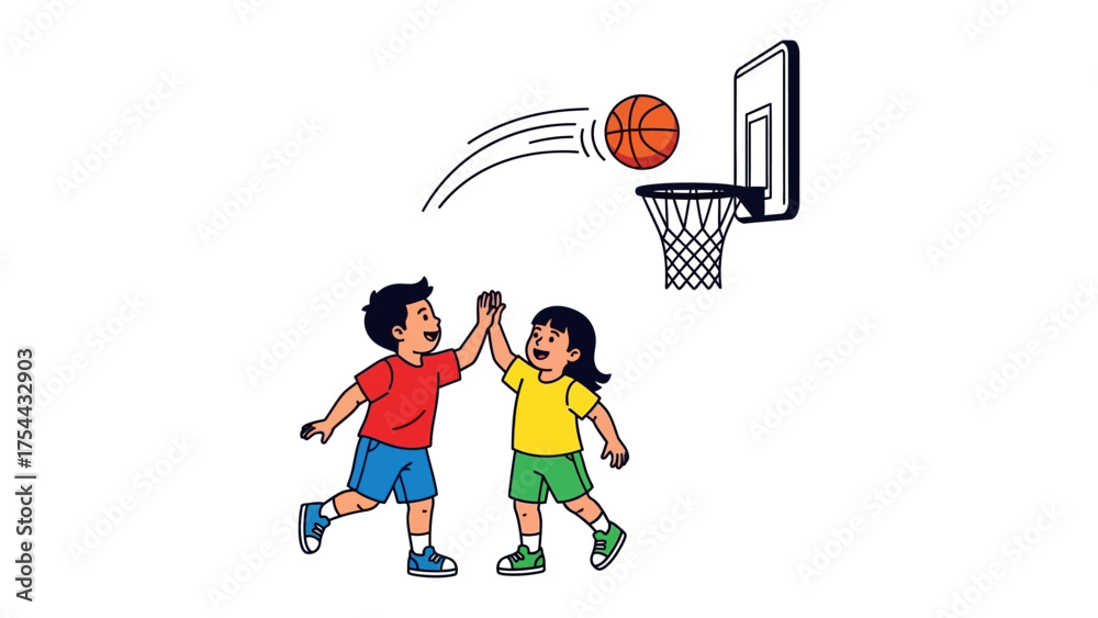Fototapeta premium Basketball High Five: A vibrant illustration captures the essence of teamwork as two enthusiastic children celebrate a successful basketball shot.