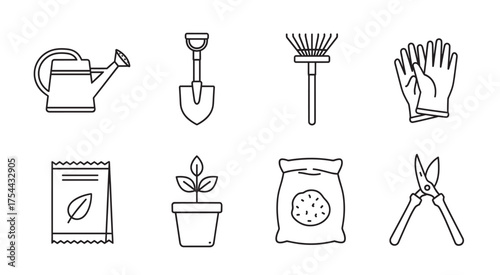 Collection of black outline garden tools including a watering can, shovel, rake, gloves, seed packet, potted plant, fertilizer bag, and pruning shears.