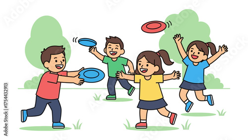 Fun Frisbee Throwing: A vibrant illustration captures the joy of playing with a frisbee in a park with friends, embodies the essence of summertime fun, sport, and camaraderie.