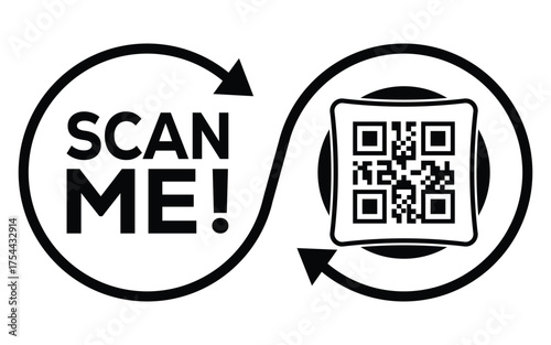 Square QR code with bold lines inside a circle, accompanied by "SCAN ME!" text with an arrow pointing toward the QR code. Simple, clear call-to-action for scanning and information retrieval.