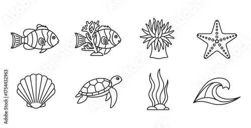 Black outline icons of marine life featuring fish, coral, sea anemone, starfish, shell, turtle, seaweed, and wave.
